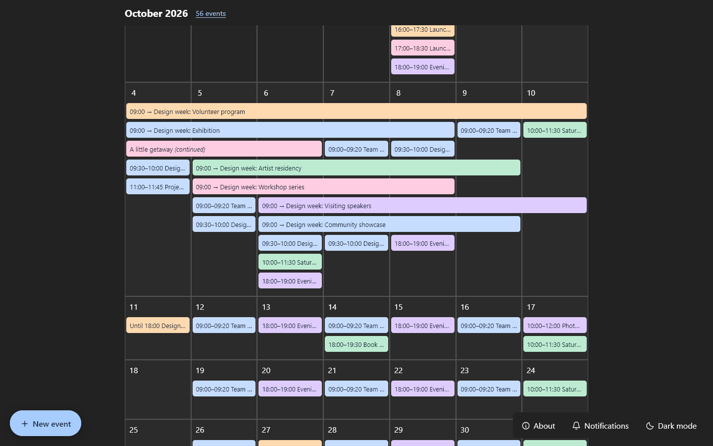 Everyday Calendar interface showing a monthly grid and color-coded events.