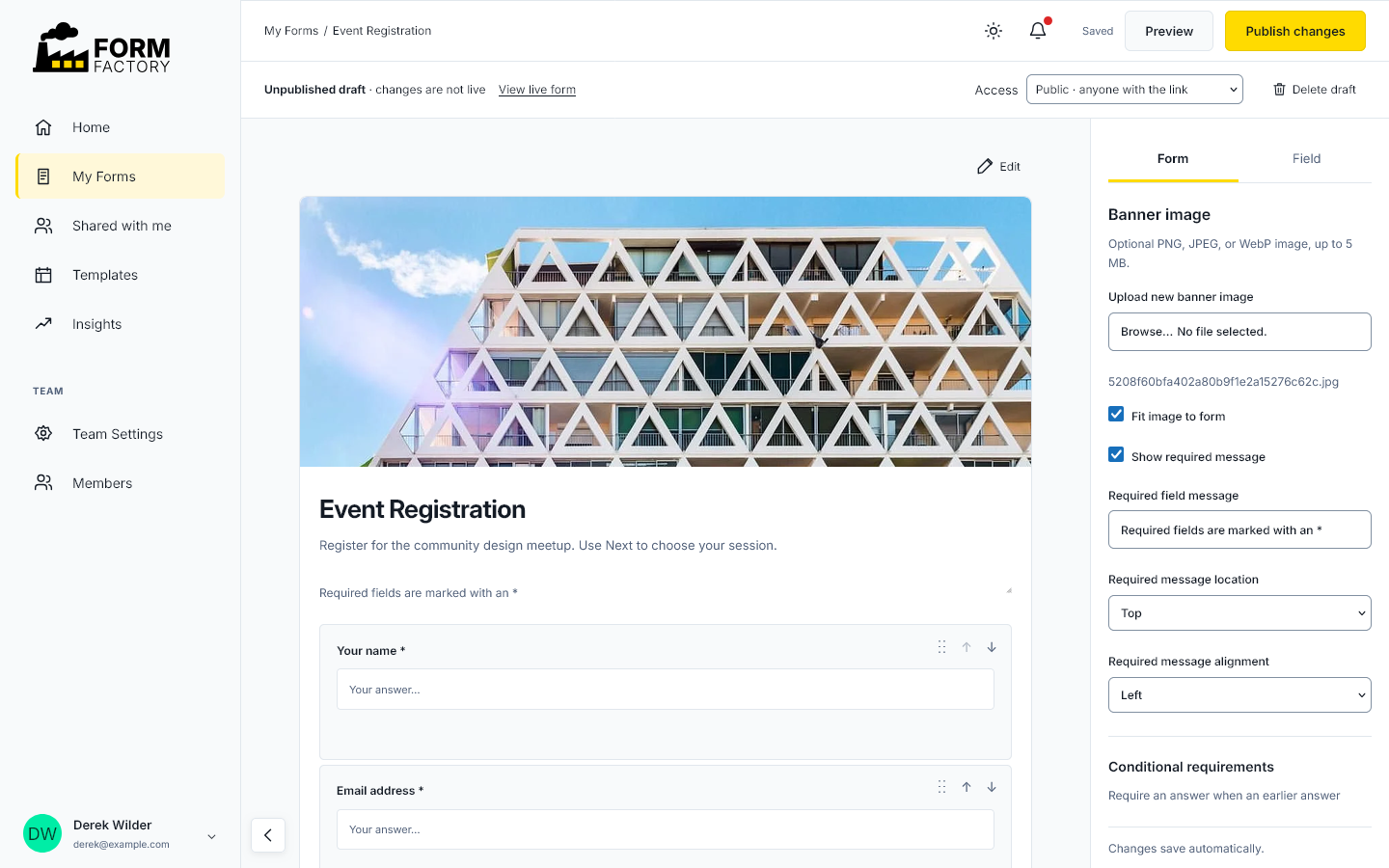 Form Factory builder with an event registration form, field controls, and conditional logic settings.
